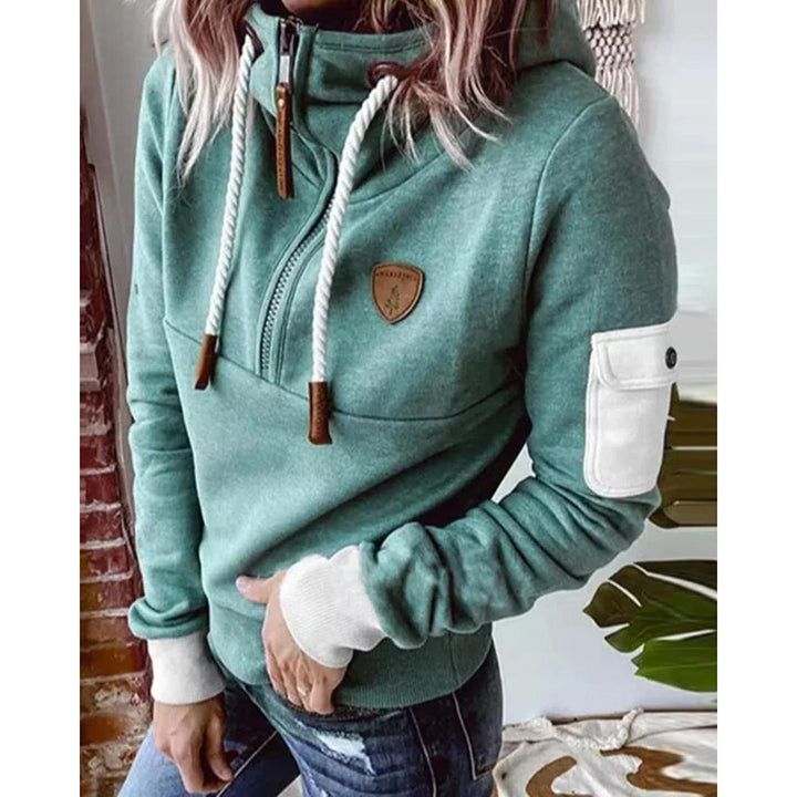 Grüner Hoodie Damen, Kordelzug, Reißverschluss, Freizeit, Frühling, Polyester-Elasthan-Mix.