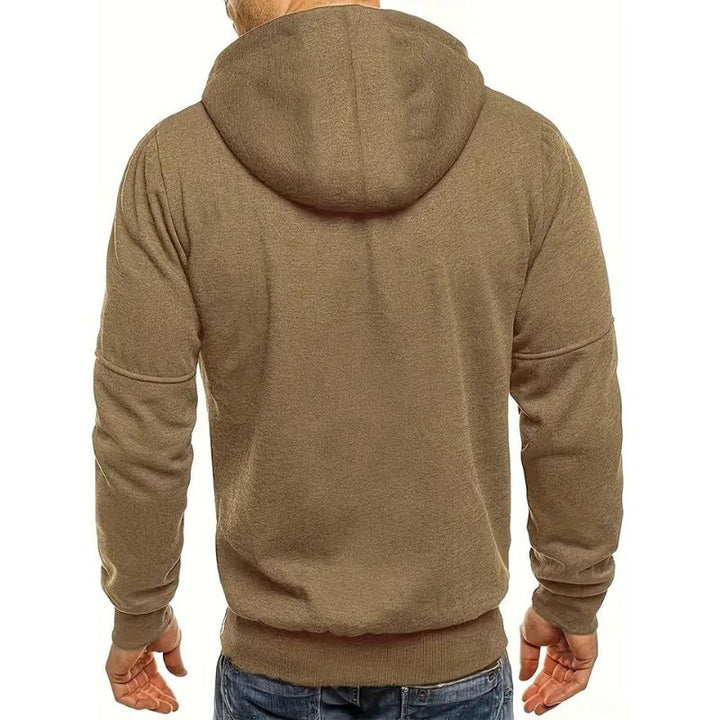 Rückansicht Herren Kapuzenpullover, beige, Baumwolle, lässig, modisch, Freizeitkleidung.