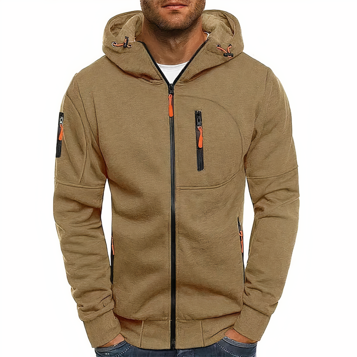 Beige Herren-Kapuzenjacke mit Reißverschlüssen, sportlich, bequem, Freizeitmode.