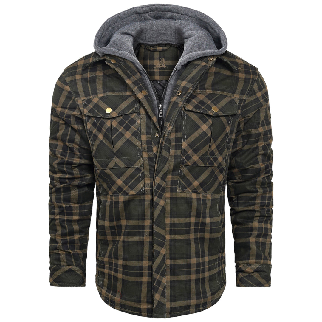 Kariertes Herrenhemd mit Kapuze, grün-braun, Baumwolle, Freizeitmode, Herbstbekleidung.