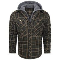 Kariertes Herrenhemd mit Kapuze, grün-braun, Baumwolle, Freizeitmode, Herbstbekleidung.