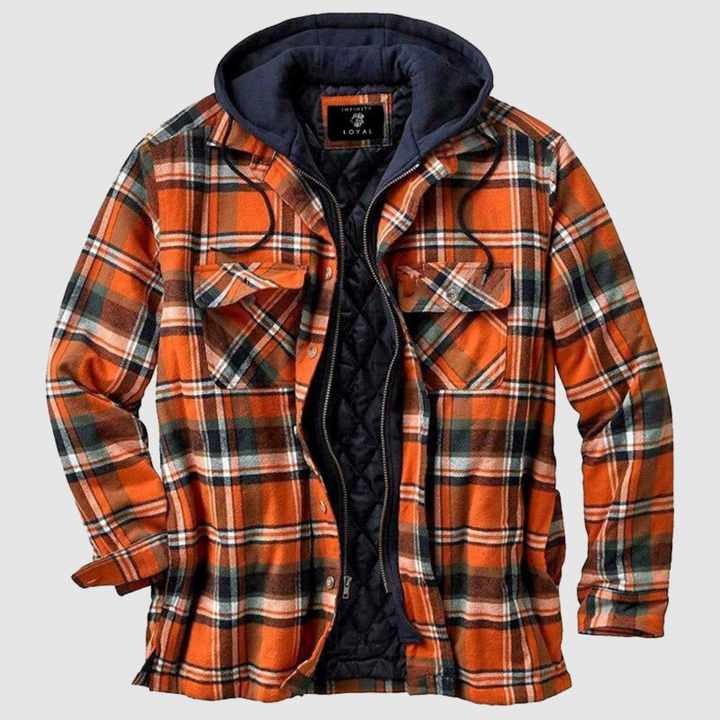 Orange karierte Herrenjacke mit Kapuze, gefüttert, Baumwolle, Herbstmode, Outdoor-Bekleidung.