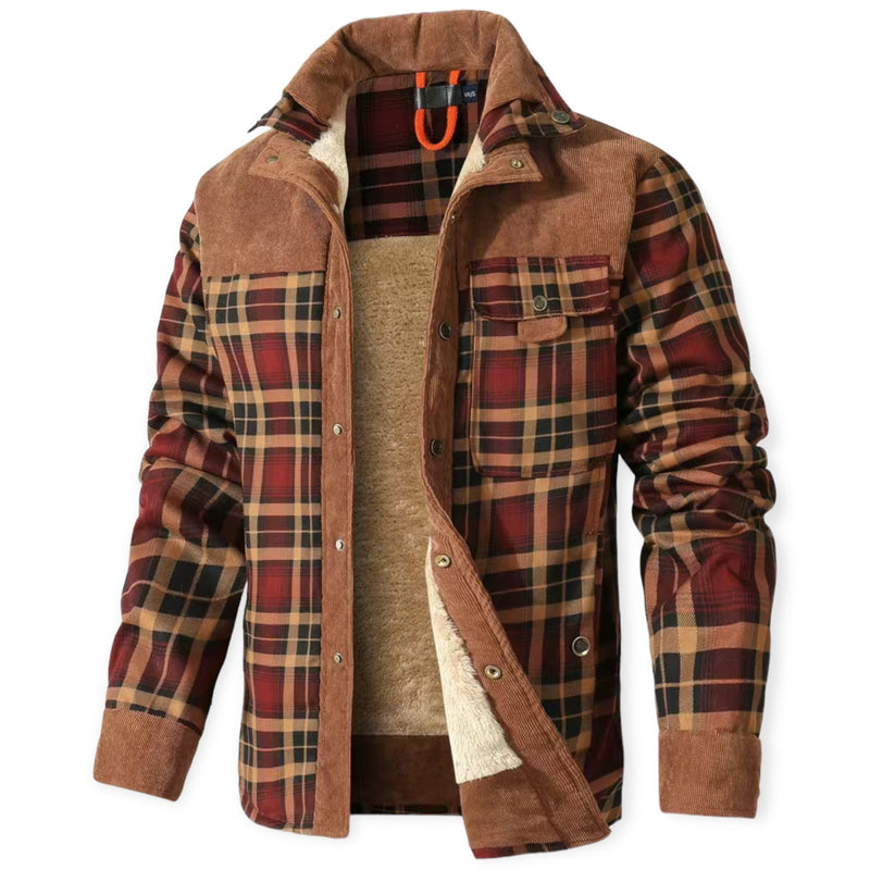 Kariertes Herrenhemd mit Fleece-Futter, braun-rot, warm, Wintermode, Baumwolle.