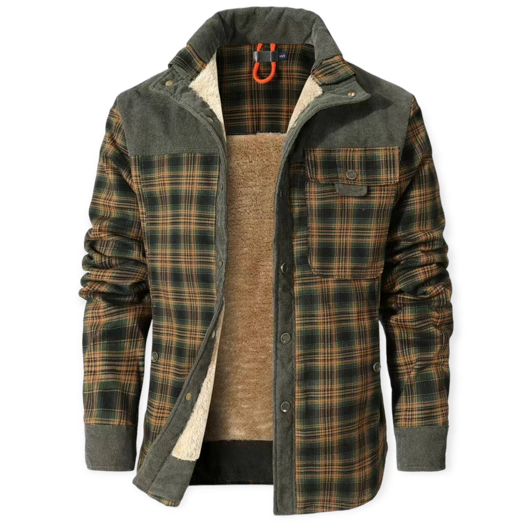 Grüne karierte Herrenjacke mit Fleece-Futter, warm, modisch, ideal für Herbst und Winter.