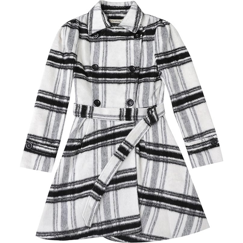Weißer kariertem Mantel, Damenmode, Winterjacke, doppelte Knopfleiste, Gürtel, elegant
