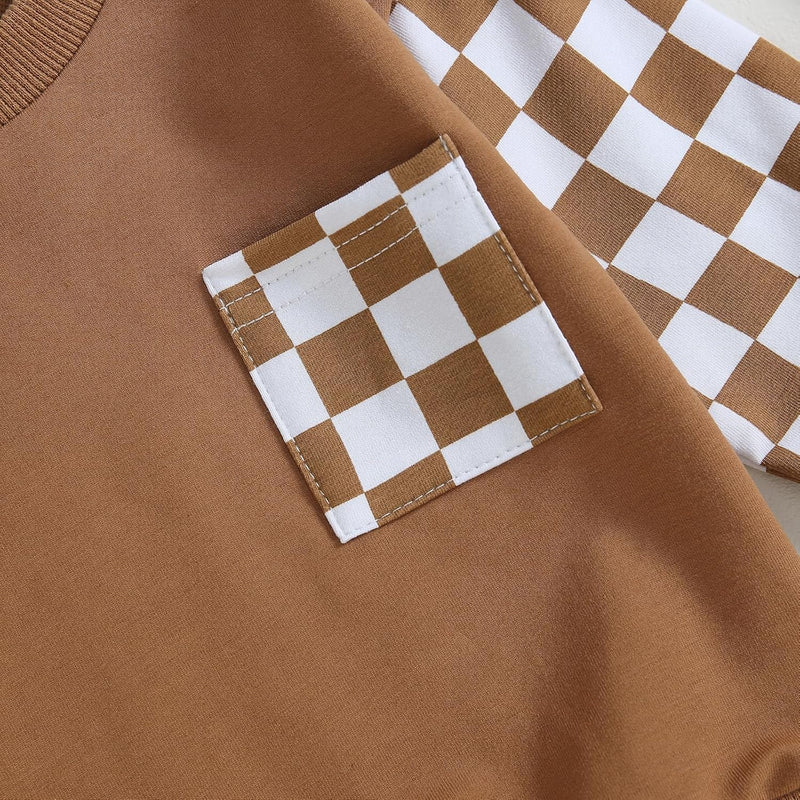 Braunes Langarmshirt mit kariertem Muster und Tasche, Baumwolle, Kinderkleidung, modisch