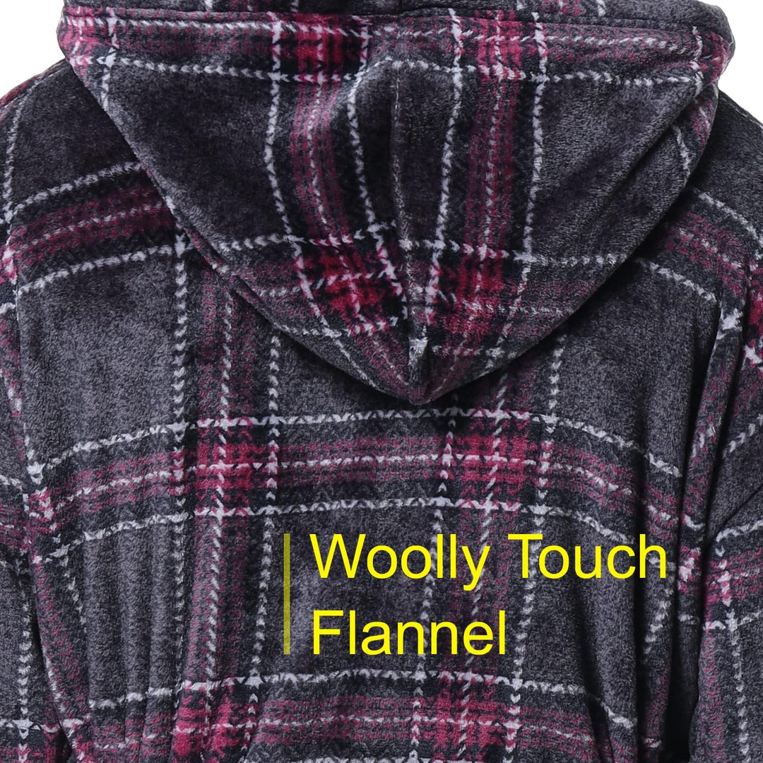 Grauer Flanell-Bademantel mit Kapuze, kariertes Muster, weiches Material, Herrenmode.