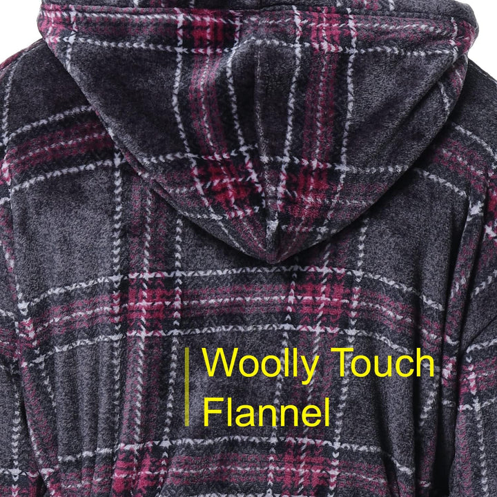 Grauer Flanell-Bademantel mit Kapuze, kariertes Muster, weiches Material, Herrenmode.