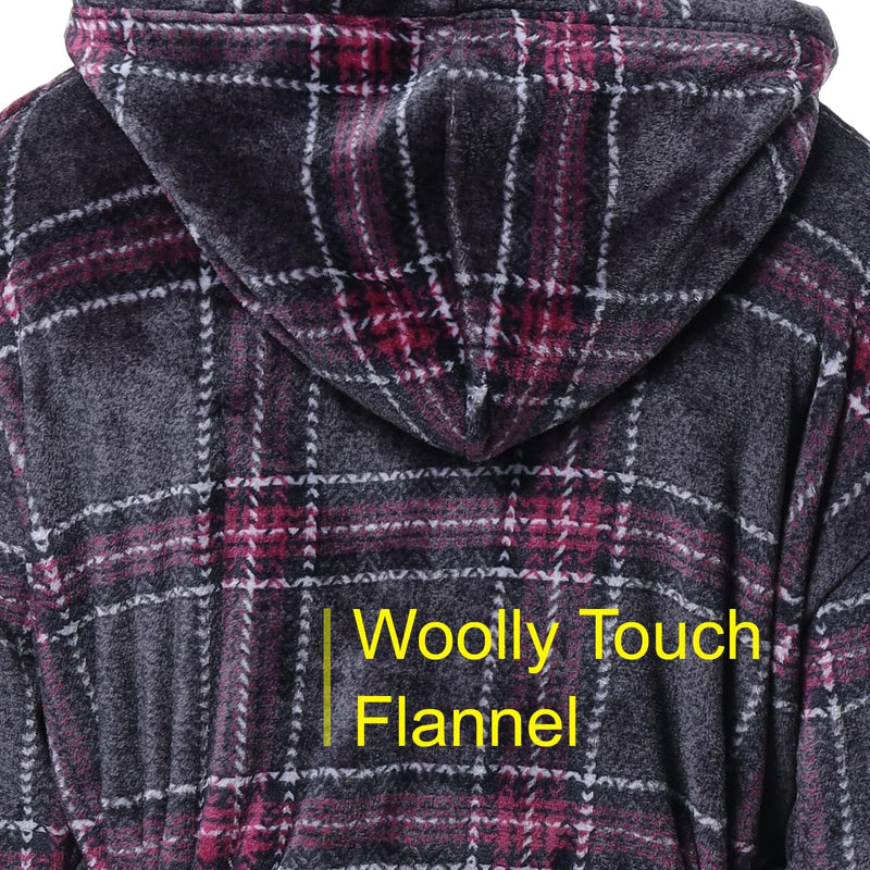 Grauer Flanell-Bademantel mit Kapuze, kariertes Muster, weiches Material, Herrenmode.