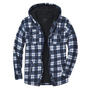 Blau-weiß karierte Herrenjacke mit Kapuze, Fleece-Innenfutter, warm, modisch, Winterbekleidung.