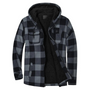 Graue karierte Herrenjacke mit Kapuze, Fleece-Innenfutter, warm, modisch, Winterbekleidung.