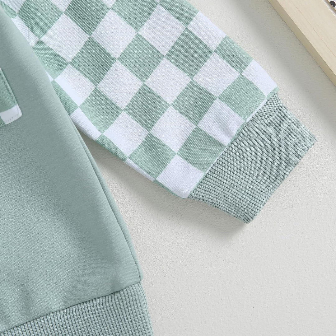 Grünes kariertes Sweatshirt-Ärmel, Baumwolle, Kinderkleidung, modisch, bequem.