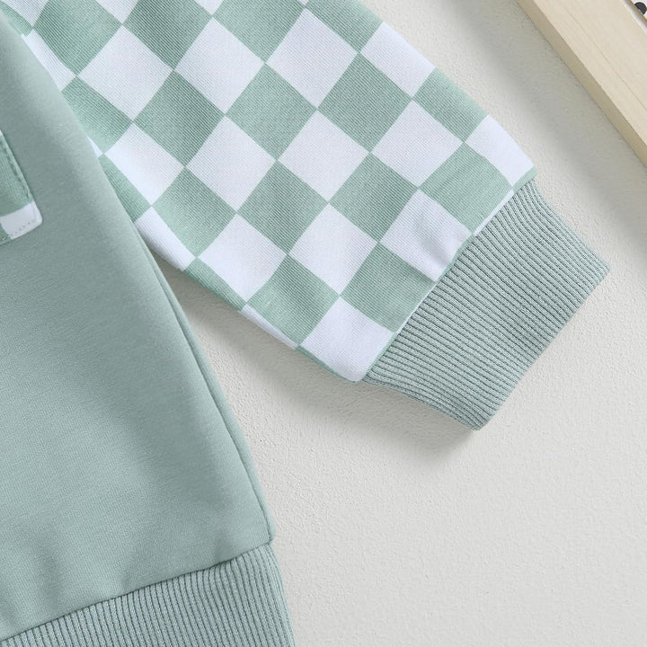 Grünes kariertes Sweatshirt-Ärmel, Baumwolle, Kinderkleidung, modisch, bequem.