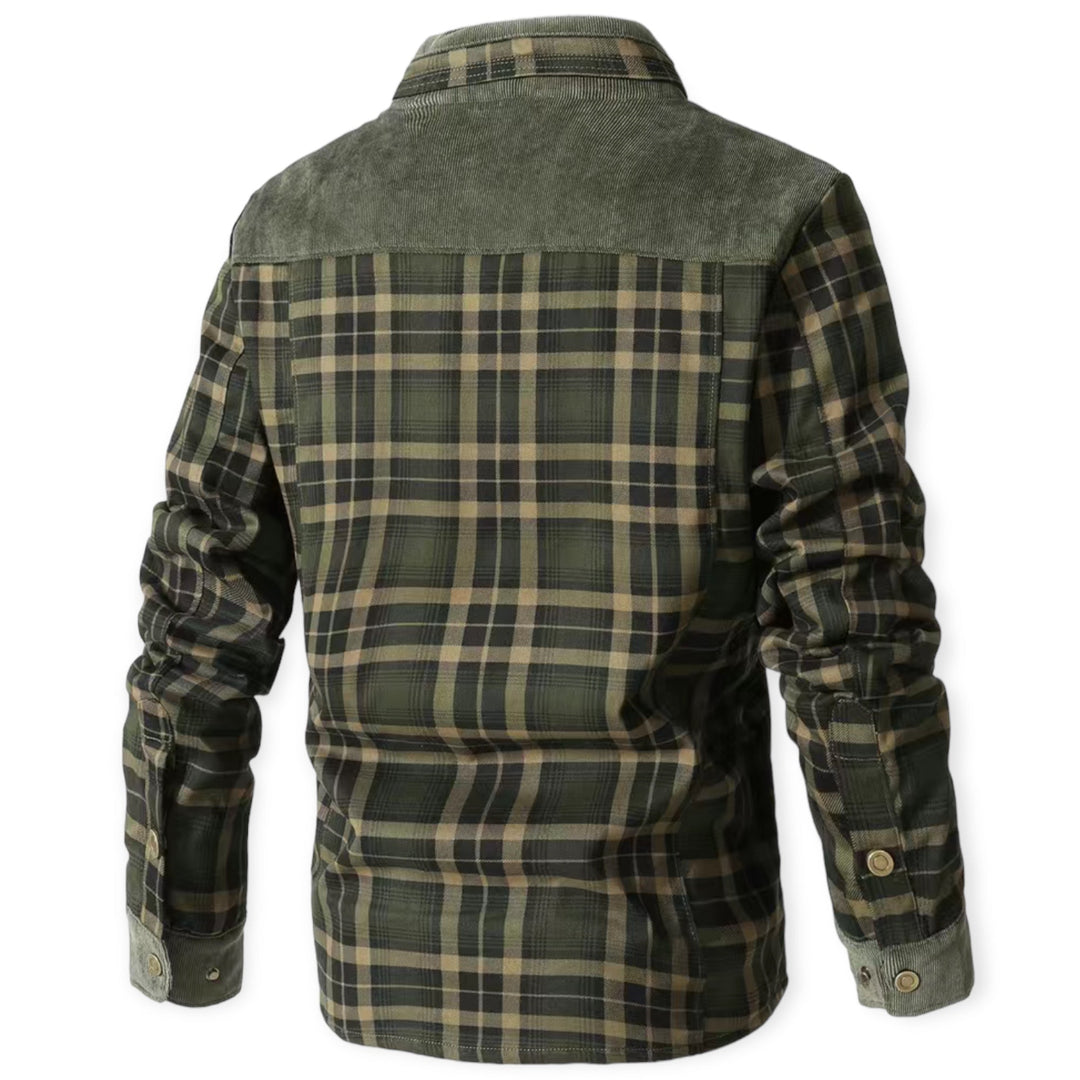 Grünes kariertes Herrenhemd aus Baumwolle, Langarm, Rückansicht, Freizeitmode.