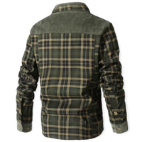 Grünes kariertes Herrenhemd aus Baumwolle, Langarm, Rückansicht, Freizeitmode.