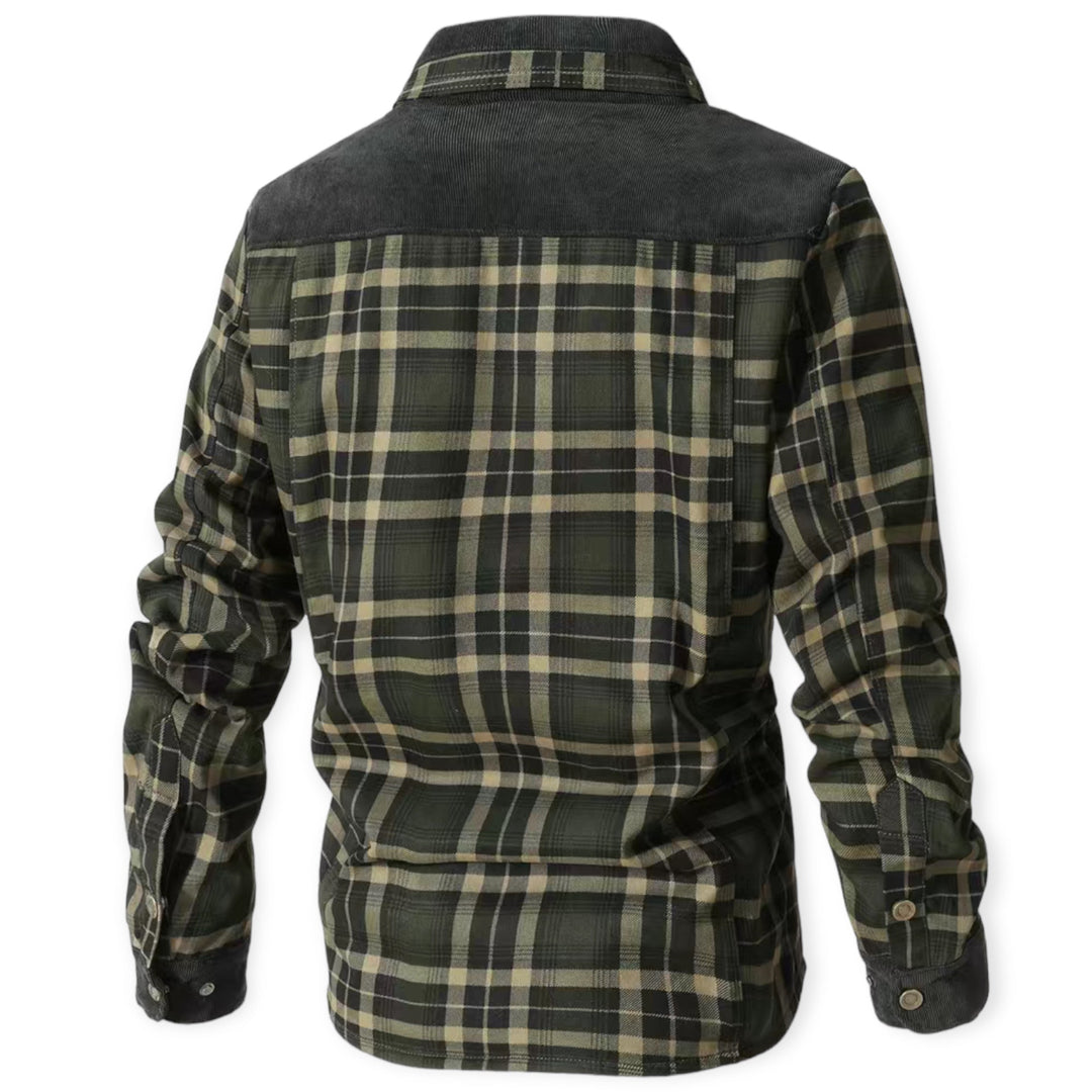 Grünes kariertes Herrenhemd aus Baumwolle, langärmelig, Freizeitmode, Rückansicht.