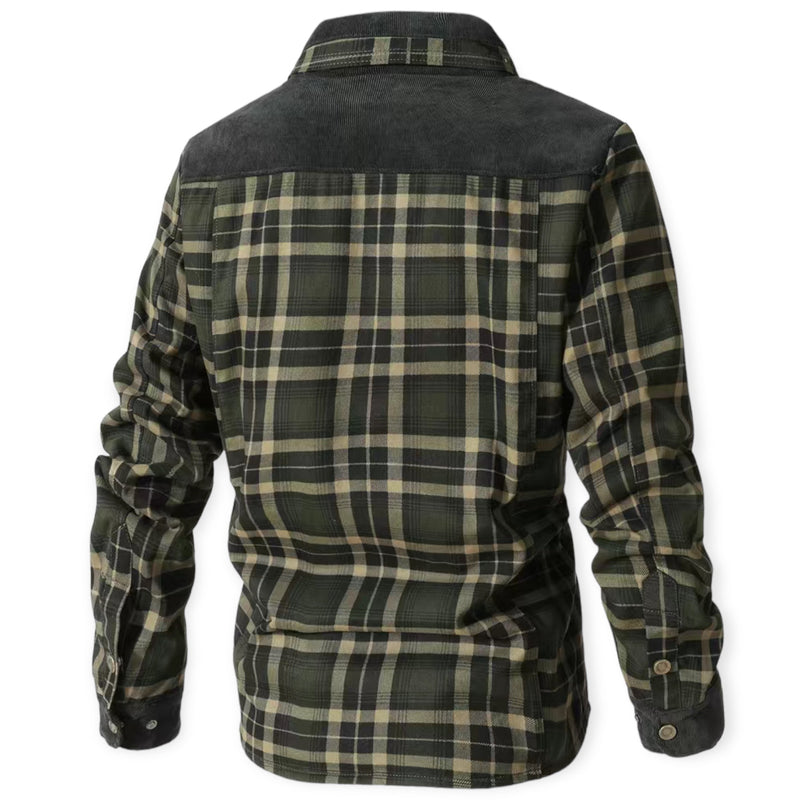 Grünes kariertes Herrenhemd aus Baumwolle, langärmelig, Freizeitmode, Rückansicht.