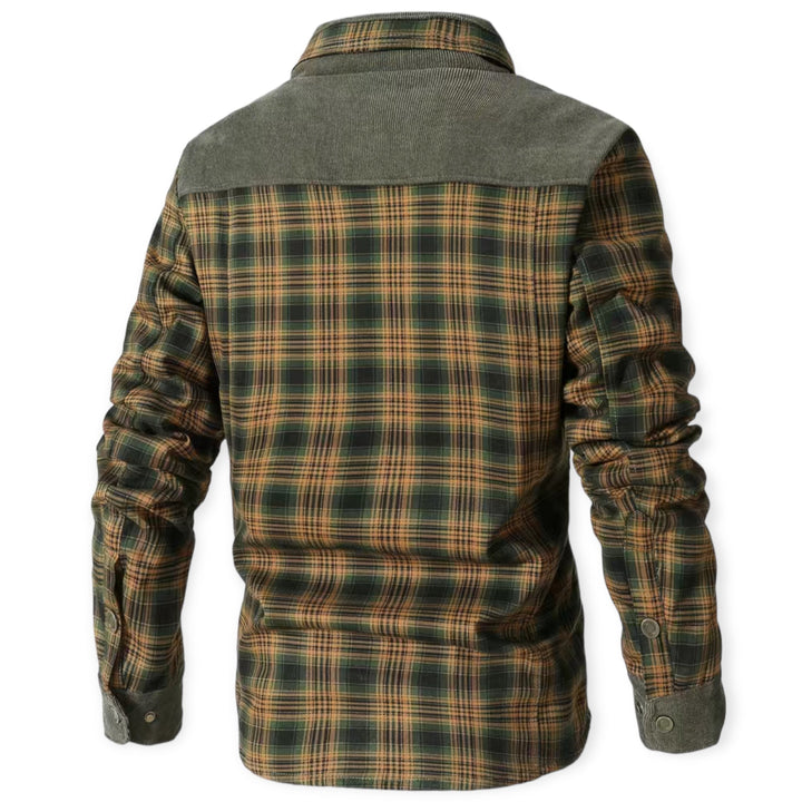 Grün-kariertes Herrenhemd aus Flanell, langärmelig, mit Corddetails, Rückansicht.