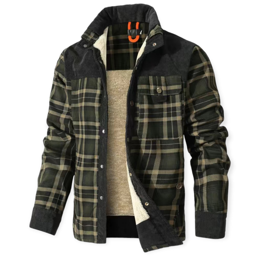 Grün-schwarz karierte Herrenjacke, gefüttert, mit Knopfleiste und Brusttaschen.