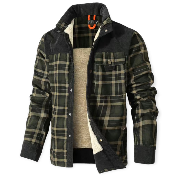 Grün-schwarz karierte Herrenjacke, gefüttert, mit Knopfleiste und Brusttaschen.