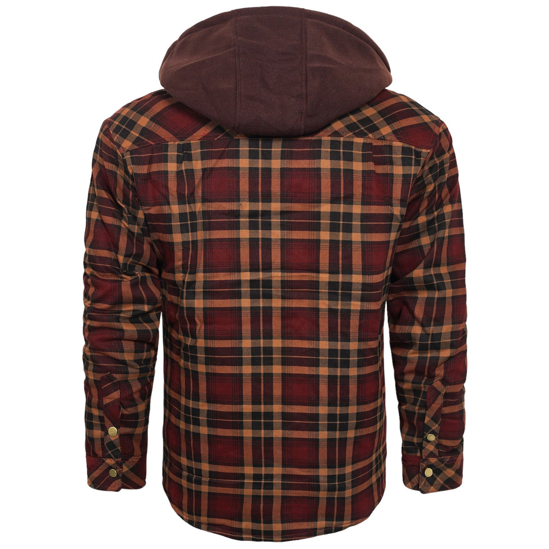 Kariertes Herrenhemd mit Kapuze, rot-braun, Baumwolle, Freizeitmode, Rückansicht.