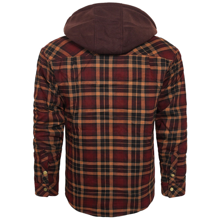 Kariertes Herrenhemd mit Kapuze, rot-braun, Baumwolle, Freizeitmode, Rückansicht.