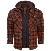 Rot-schwarz karierte Herrenjacke mit Kapuze, gefüttert, Baumwolle, Freizeitmode.