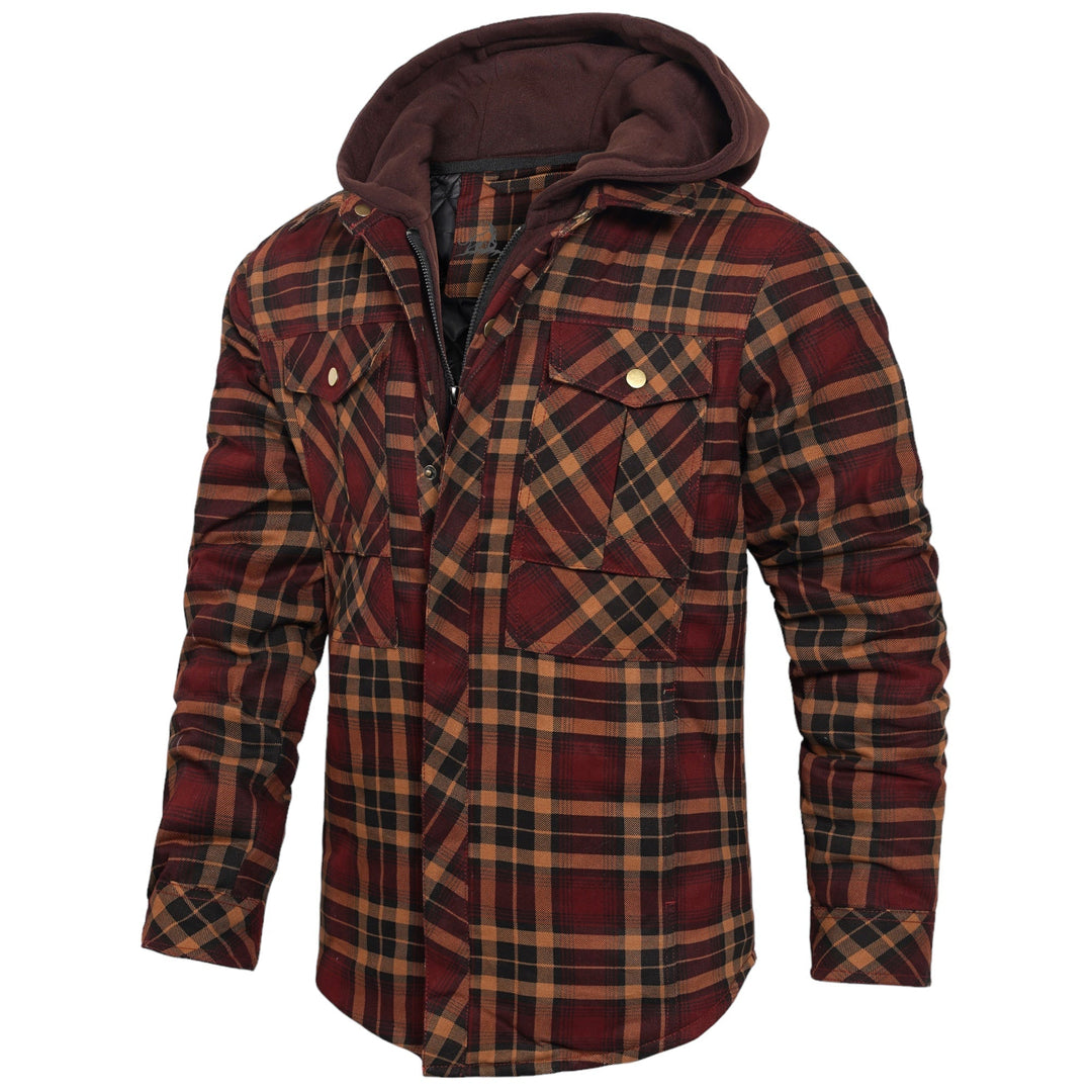 Kariertes Herrenhemd mit Kapuze, rot-braun, Baumwolle, Herbstmode, Freizeitkleidung.