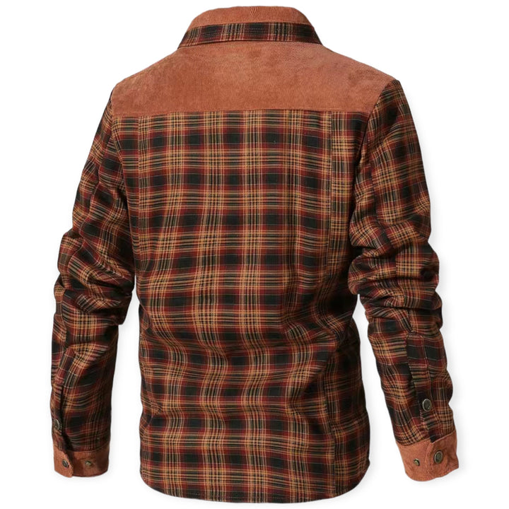 Kariertes Herrenhemd, braun-rot, Langarm, Baumwolle, Freizeitmode, Rückansicht.