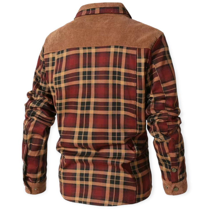 Kariertes Herrenhemd, rot-braun, Langarm, Baumwolle, Freizeitmode, Rückansicht.