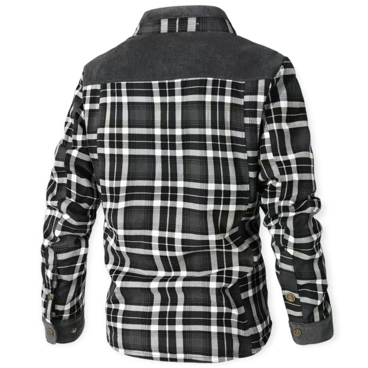 Schwarz-weiß kariertes Herrenhemd aus Baumwolle, Rückansicht, Langarm, Freizeitmode.