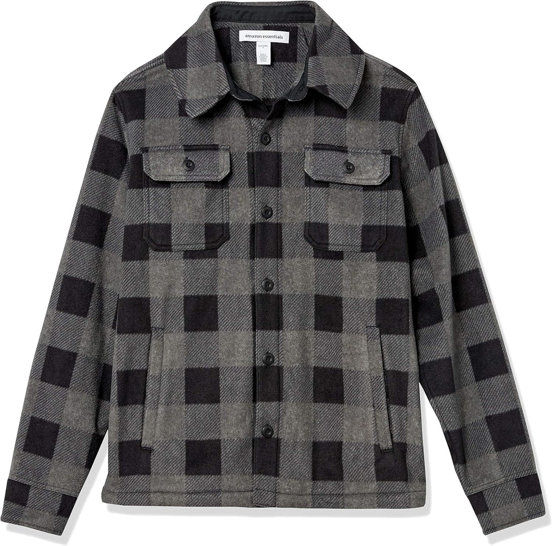 Graue karierte Herrenjacke, Flanell, Knopfleiste, Brusttaschen, Herbstmode, warm, stilvoll.