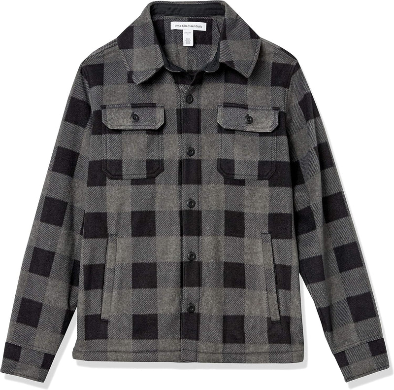 Graue karierte Herrenjacke, Flanell, Knopfleiste, Brusttaschen, Herbstmode, warm, stilvoll.