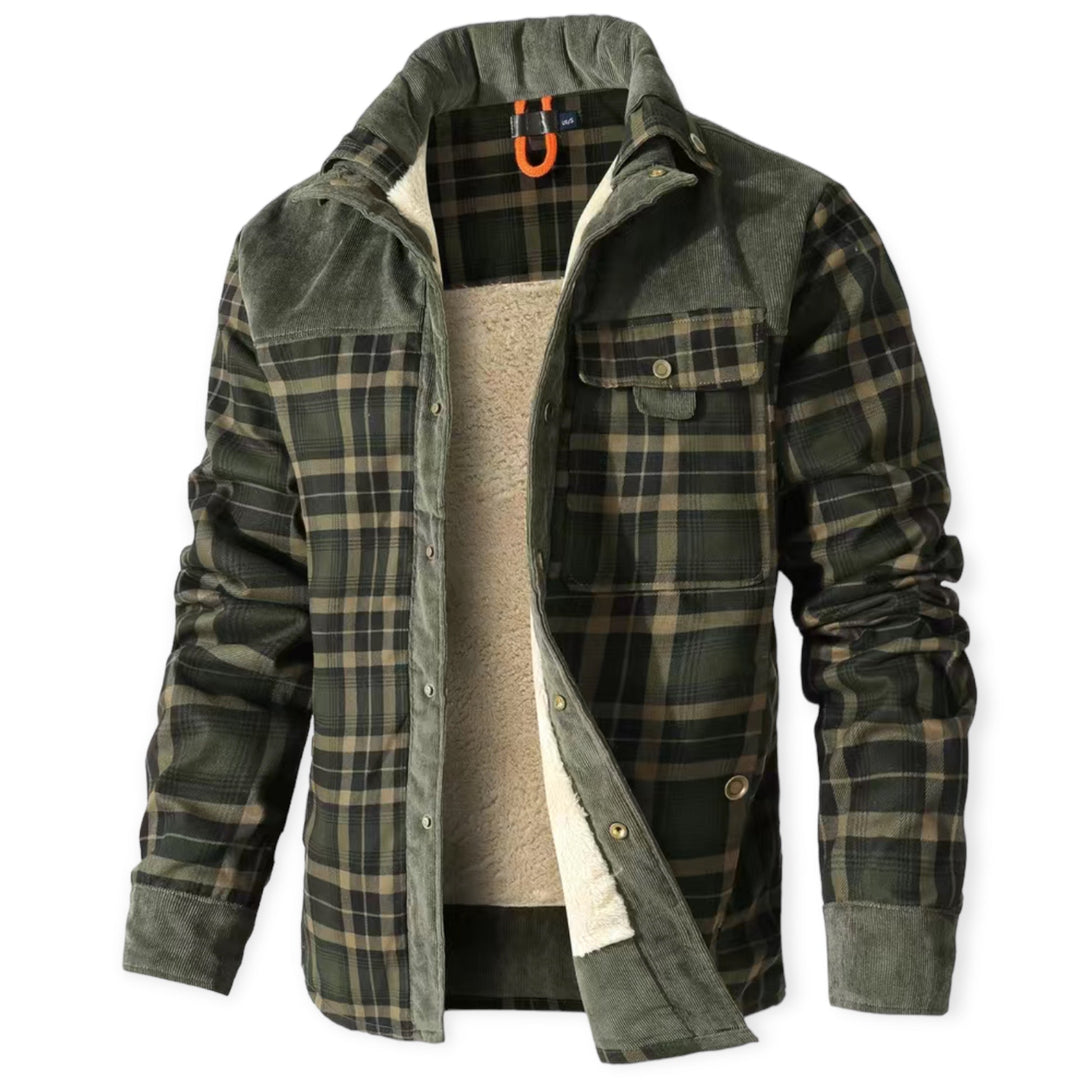 Grüne karierte Herrenjacke mit Fleece-Futter, warm, modisch, ideal für Herbst und Winter.