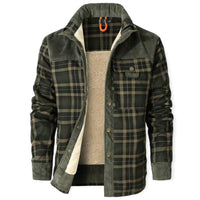 Grüne karierte Herrenjacke mit Fleece-Futter, warm, modisch, ideal für Herbst und Winter.