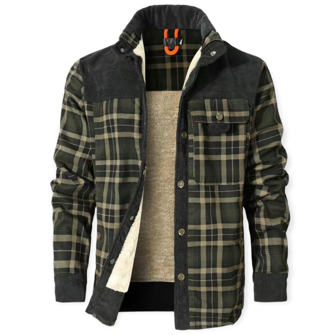 Grüne karierte Herrenjacke, gefüttert, mit Knopfleiste und Brusttasche, Wintermode.