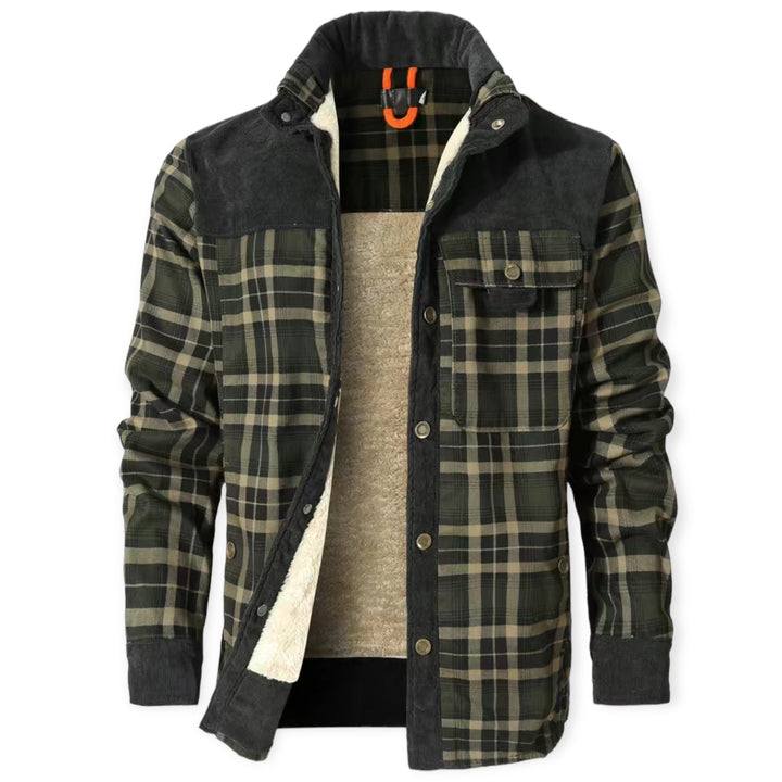 Grüne karierte Herrenjacke, gefüttert, mit Knopfleiste und Brusttasche, Wintermode.