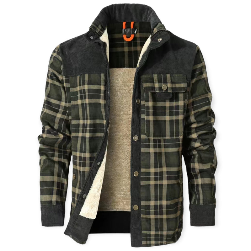 Grüne karierte Herrenjacke, gefüttert, mit Knopfleiste und Brusttasche, Wintermode.