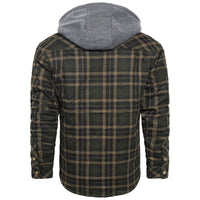 Kariertes Herrenhemd mit Kapuze, grün-braun, Baumwolle, Freizeitmode, Rückansicht.