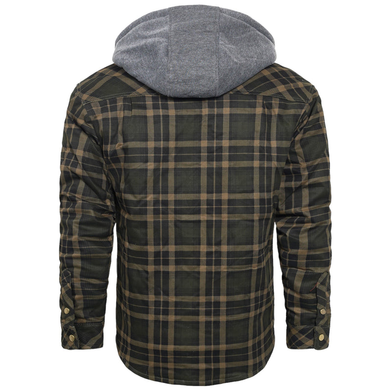 Kariertes Herrenhemd mit Kapuze, grün-braun, Baumwolle, Freizeitmode, Rückansicht.