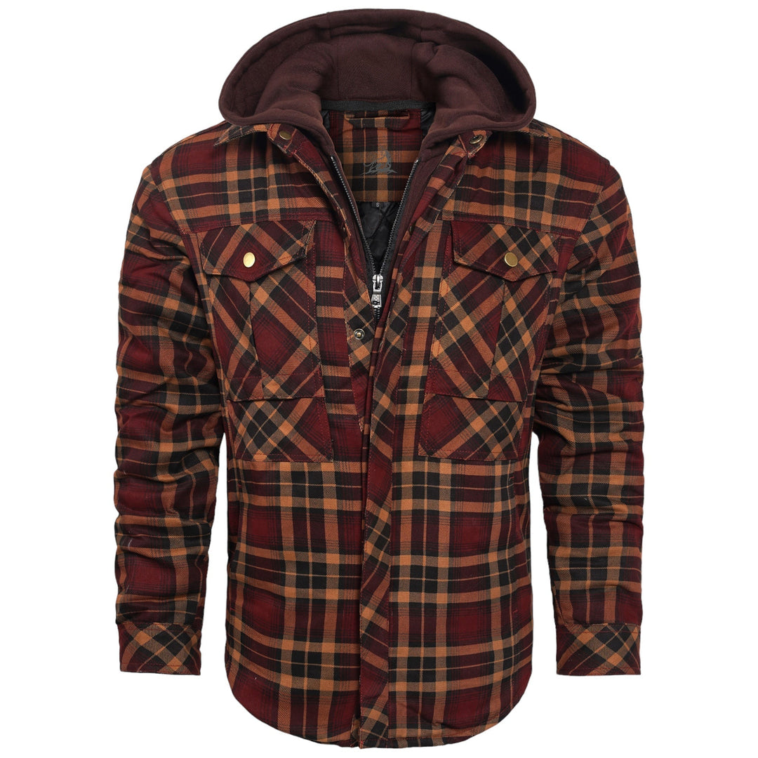 Kariertes Herrenhemd mit Kapuze, rot-braun, Baumwolle, Freizeitmode, Herbst-Winter.