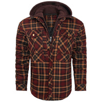 Kariertes Herrenhemd mit Kapuze, rot-braun, Baumwolle, Freizeitmode, Herbst-Winter.