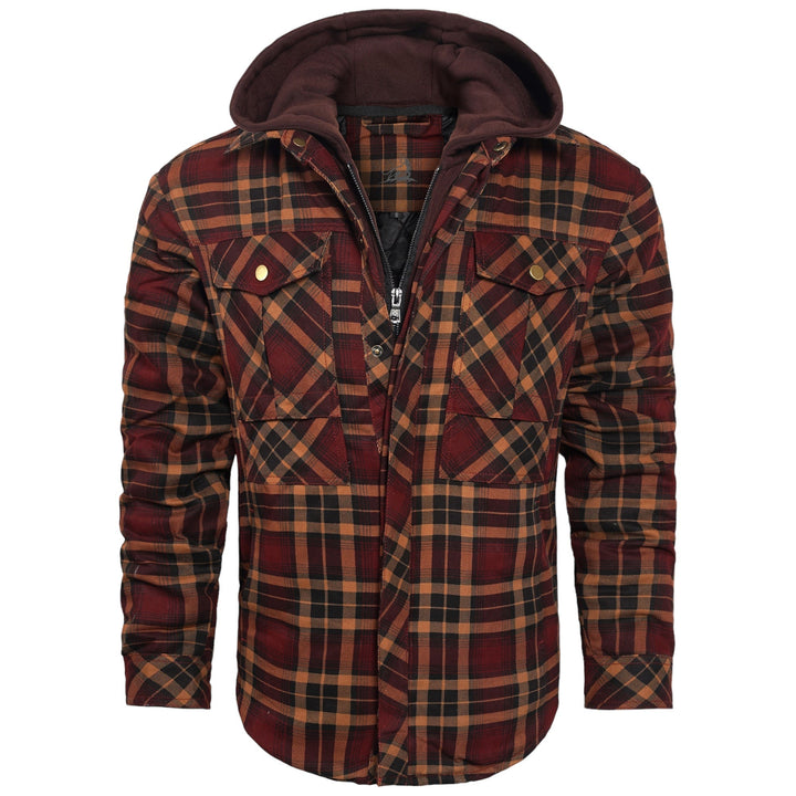 Kariertes Herrenhemd mit Kapuze, rot-braun, Baumwolle, Freizeitmode, Herbst-Winter.