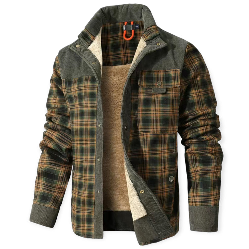 Kariertes Herrenhemd mit Fleece-Futter, grün-braun, warm, Wintermode, Outdoor-Bekleidung.