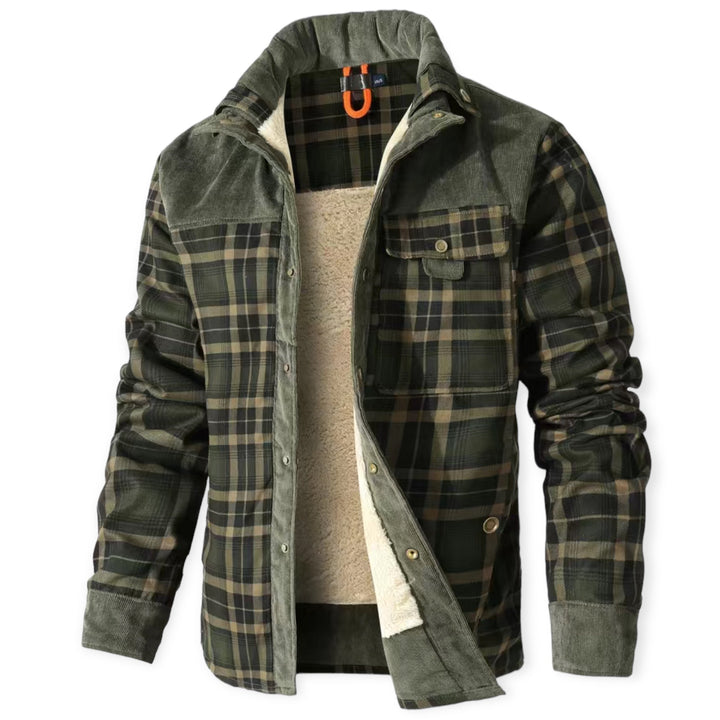 Grüne karierte Herrenjacke mit Fleece-Futter, warm, modisch, ideal für Herbst und Winter.