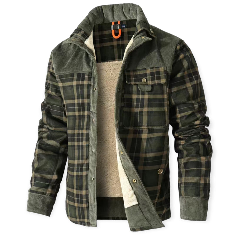 Grüne karierte Herrenjacke mit Fleece-Futter, warm, modisch, ideal für Herbst und Winter.