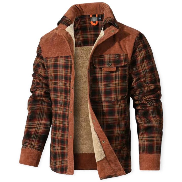 Kariertes Herrenhemd mit Fleece-Futter, braun-rot, warm, Herbstmode, Baumwolle.