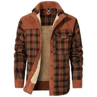 Herren Flanellhemd mit Fleece-Futter, kariert, braun, warm, Wintermode, Outdoor-Bekleidung.