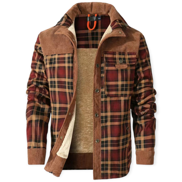 Herren Flanelljacke kariert, braun-rot, mit Fleece-Futter, warm, modisch, Herbst-Winter.