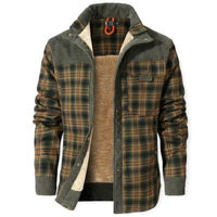 Grüne karierte Herrenjacke mit Fleece-Futter, warm, modisch, ideal für Herbst und Winter.